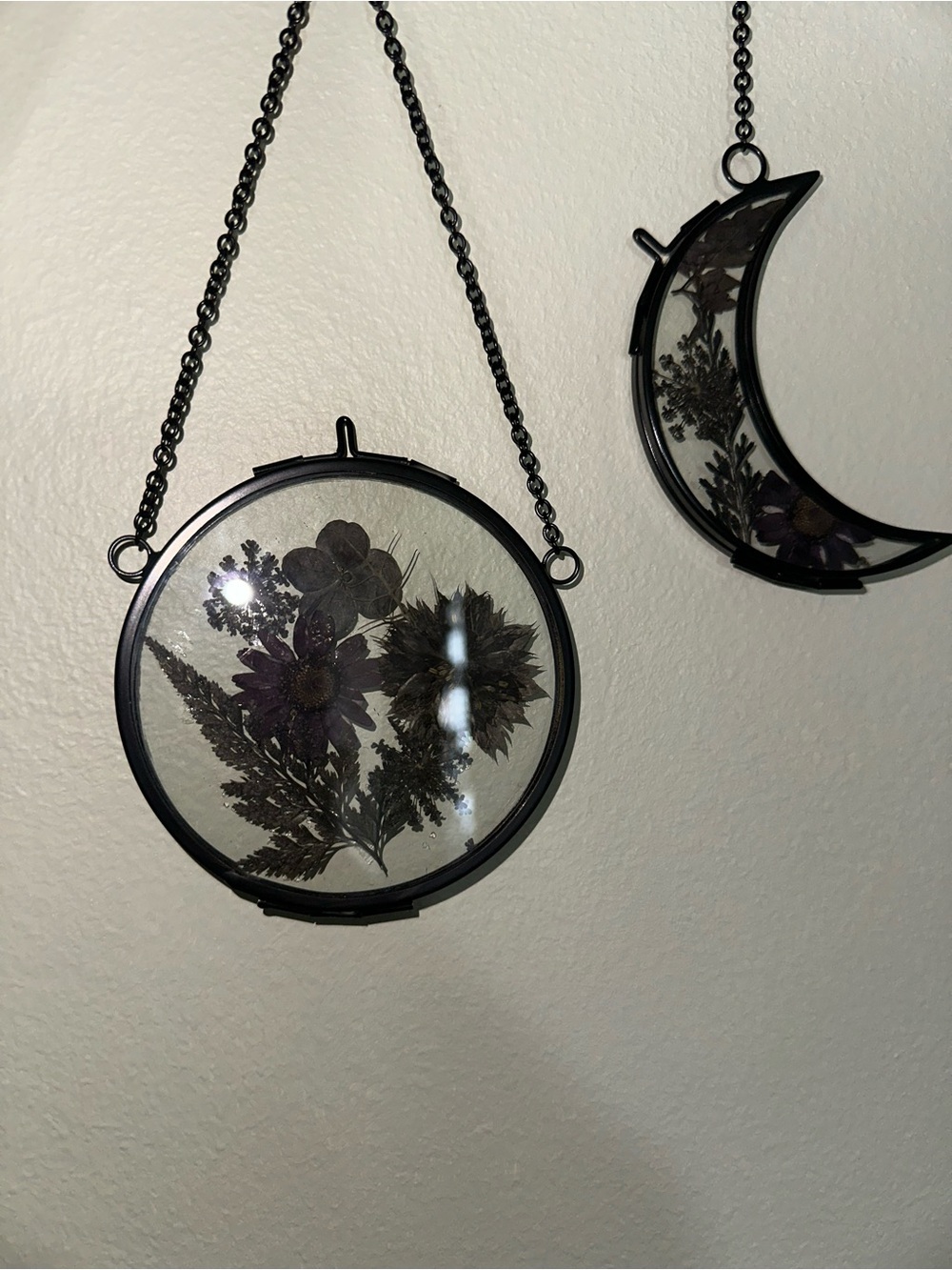 Moon-Shaped Glass and Metal Wall Accent with Black & Purple Floral Inset